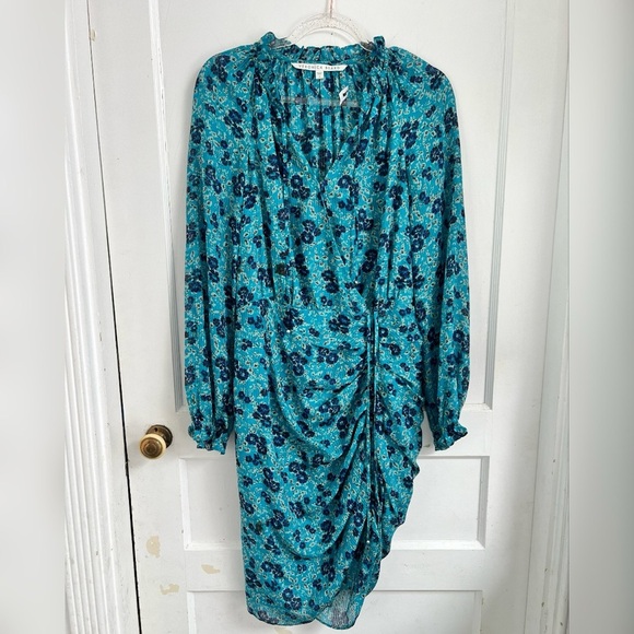 Veronica Beard Becky Dress Silk Ruched Dainty Floral Turquoise New Size 6 $515 - Picture 1 of 7